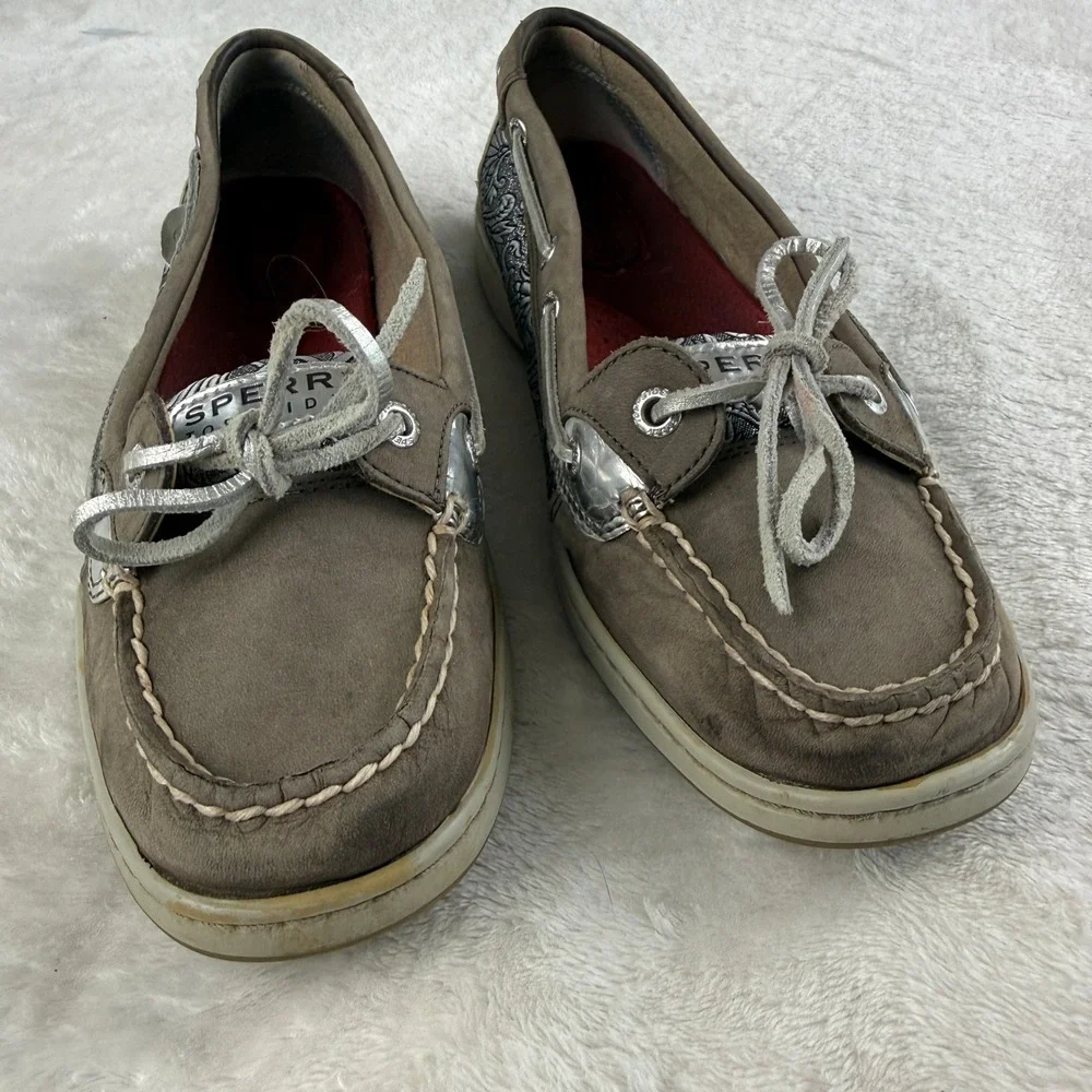 Sperry Top Sider Angelfish Boat Shoe Women 8 Brown Leather Metallic Panel Preppy